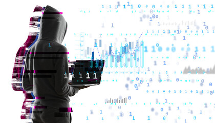 Hacker in hoodie using laptop with glitch effect and binary code on white background. Cybersecurity...