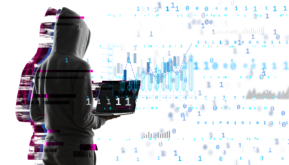 Hacker in hoodie using laptop with glitch effect and binary code on white background. Cybersecurity threat and data breach concept