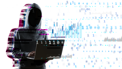 Unrecognized hacker in hoodie with laptop, binary code, and financial charts on white background. Concept of cybercrime, data breach, and fraud