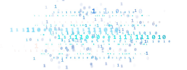 Abstract binary code elements in blue shades on a white background, representing digital technology, data processing, and cyber concepts. 3D Rendering.