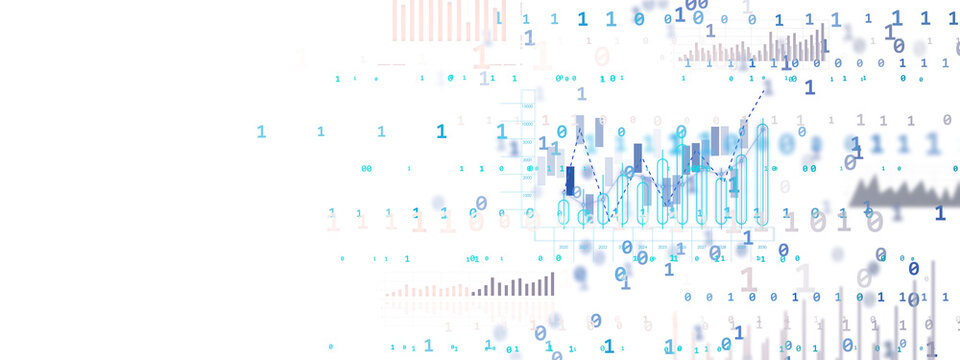 Financial data visualization with charts, binary digits, and analytics elements on a white background. Concept of big data and analytics. 3D Rendering.