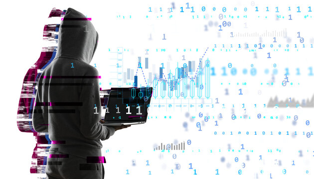 Hacker in hoodie using laptop with glitch effect and binary code on white background. Cybersecurity threat and data breach concept