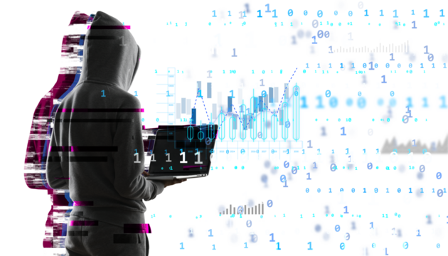Hacker in hoodie using laptop with glitch effect and binary code on white background. Cybersecurity threat and data breach concept