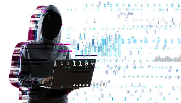 Unrecognized hacker in hoodie with laptop, binary code, and financial charts on white background. Concept of cybercrime, data breach, and fraud