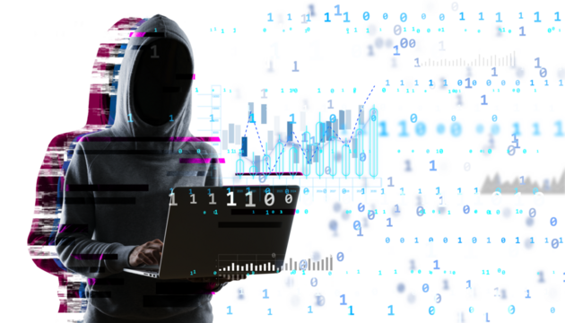 Unrecognized hacker in hoodie with laptop, binary code, and financial charts on white background. Concept of cybercrime, data breach, and fraud