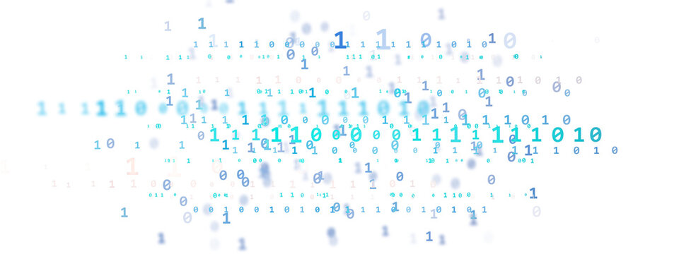 Abstract binary code elements in blue shades on a white background, representing digital technology, data processing, and cyber concepts. 3D Rendering.