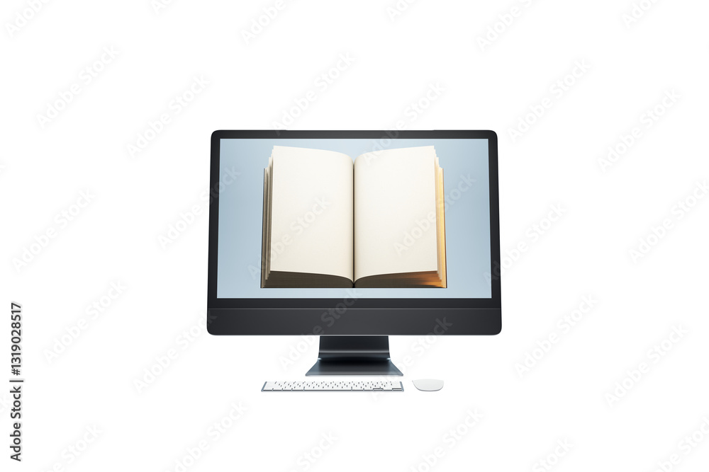 Poster Open book on a computer screen, isolated on a white background. Concept of online education, digital learning, and internet-based study. 3D Rendering.