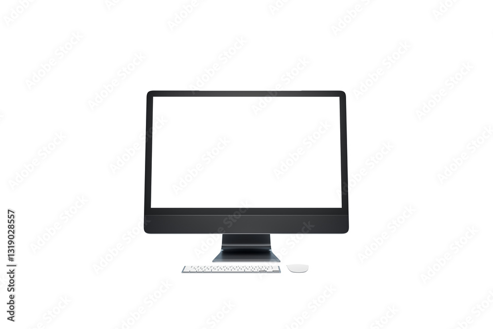 Poster Desktop computer with blank screen, keyboard, and mouse isolated on white background. Minimalist design element for digital workspace concepts. 3D Rendering.