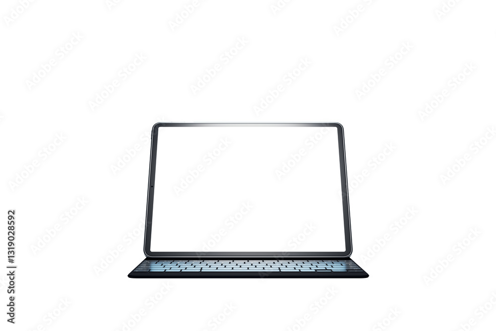 Poster Open laptop with empty display, sleek design, and keyboard, isolated on white background. Ideal for mockup, branding, or presentation layout. 3D Rendering.