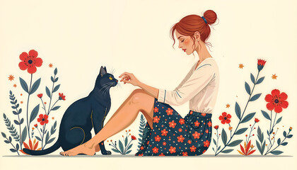 Girl sitting with a black cat surrounded by flowers in a peaceful artistic illustration. 