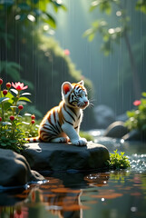 High resolution and realistic 3D image, a work of art, a photo of a baby tiger cub on a wet rock on the edge of a stream in a dense forest, on the edge of the stream with crystal clear water, several 
