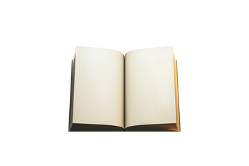 Open blank book with aged pages isolated on white background, perfect for design and template use. 3D Rendering.