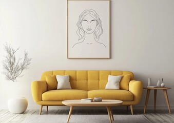 Minimalist living room with yellow sofa, line art portrait, and wooden coffee table.