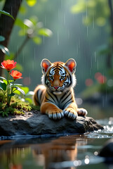 High resolution and realistic 3D image, a work of art, a photo of a baby tiger cub on a wet rock on the edge of a stream in a dense forest, on the edge of the stream with crystal clear water, several 