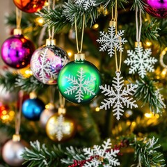 Fototapeta premium Colorful glass balls and delicate snowflake ornaments adorn the Christmas tree, snowflakes, tree, decorative