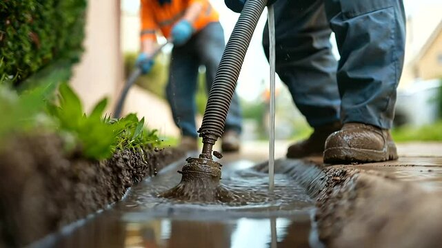 Sewer maintenance crew flushing line in suburban culvert