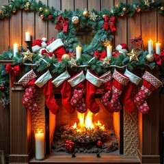 Fototapeta premium Christmas stockings piled high on a wooden mantel with candles and festive holiday decorations, Swag, Winter Wonderland, Garlands