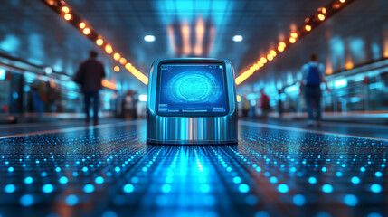 Obraz premium Futuristic autonomous robot with a digital screen moving through a high-tech corridor with glowing blue lights, symbolizing artificial intelligence and automation