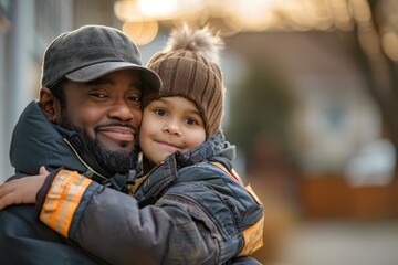 Fototapeta premium Embracing warmth and joy in a cozy winter afternoon with father and son in a neighborhood setting
