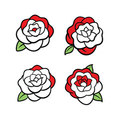 Set of red and white camellia flower vector illustration.