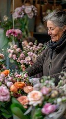 Fototapeta premium Flower shop owner arranging colorful blooms in a vibrant city market during early morning hours