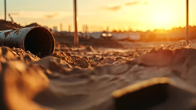 Sewer pipe installation at construction site under sunset