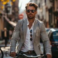 Young man in stylish attire riding a bicycle through a vibrant city street during the day