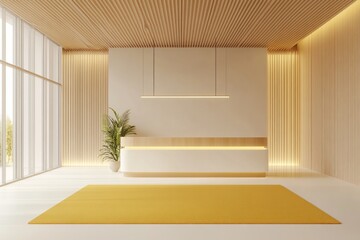 Fototapeta premium Minimalist reception area with wooden walls, yellow rug, and white counter.