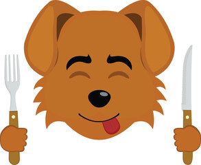 vector illustration emoji character face dog cartoon, an expression of yummy how delicious with a knife and fork in his hands