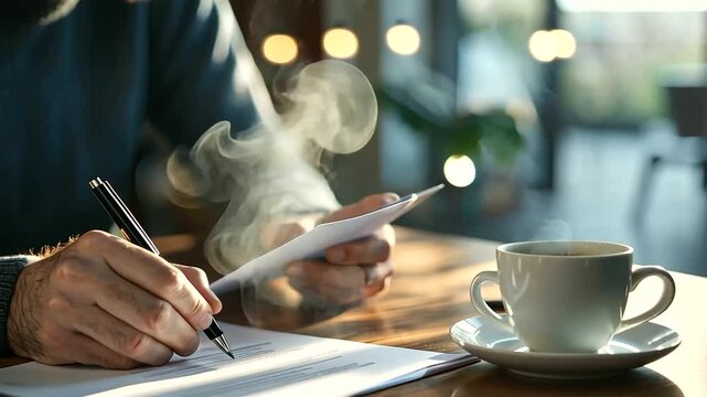 Signing LLC Papers at a Rustic Desk with Steaming Coffee