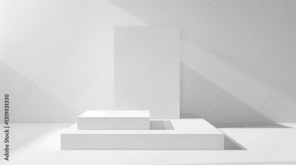 Poster geometrical forms white background. White elements design copy space with empty illuminated room template table stage podium. White color product background placement
