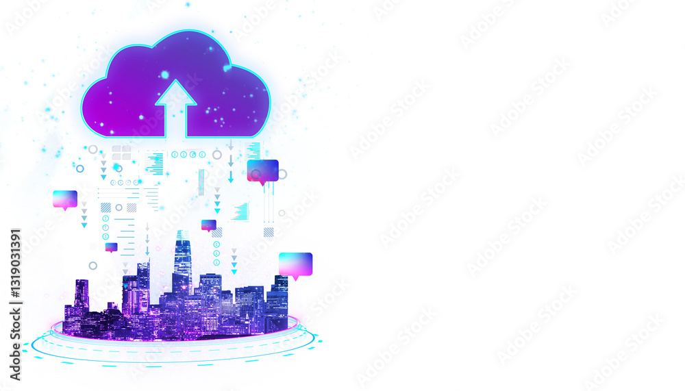 Aufkleber Futuristic smart city with cloud computing, data flow, and IoT elements on a white background. Concept of digital transformation and connectivity. 3D Rendering.