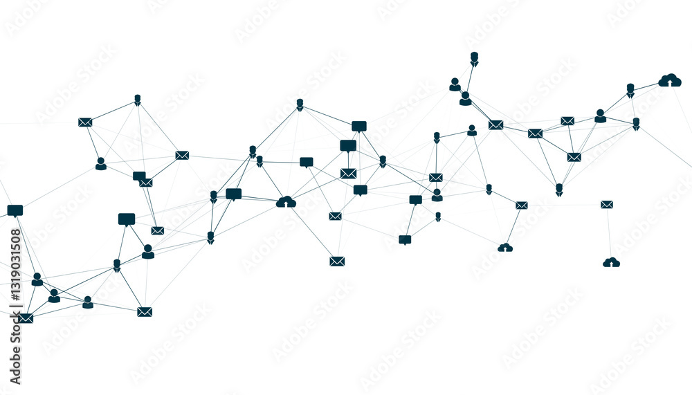 Fototapete Abstract social network layout with user icons, messages, emails, and cloud symbols interconnected on a white background. Digital communication concept. 3D Rendering.