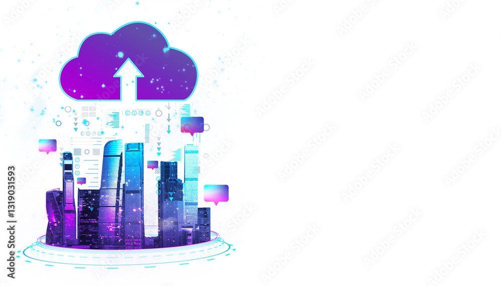 Poster digital city skyline with cloud storage and data transfer symbols, abstract futuristic design, isola