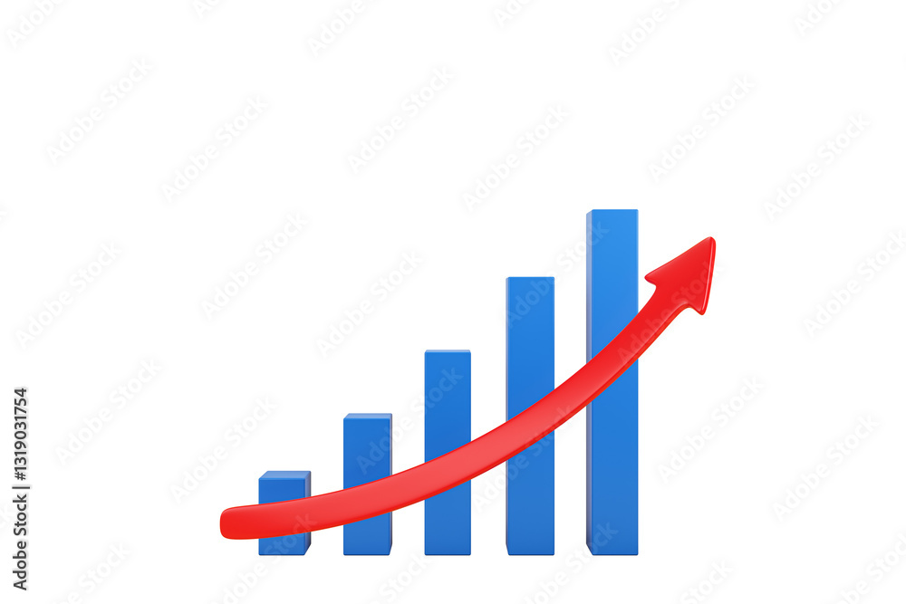 Poster Isolated 3D rendering of blue bar graph with rising red arrow, symbolizing growth and success, on a white background. Business concept