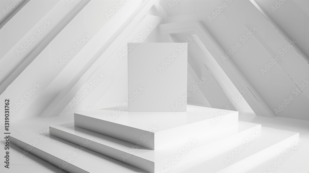 Poster geometrical forms white background. White elements design copy space with empty illuminated room template table stage podium. White color product background placement