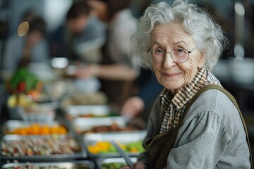 Senior woman preparing fresh ingredients at a community kitchen during a busy afternoon in the city