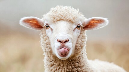 Playful lamb in lush field, fluffy white wool, bright eyes, showcasing innocence and nature's beauty, inviting feelings of warmth.