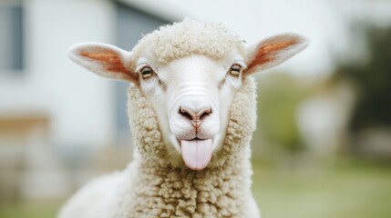 Fototapeta premium Curious sheep with fluffy white wool, standing in a grassy field, highlighting rural charm and serene countryside vibes.