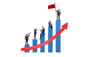 Businesspeople on blue bar chart with red upward arrow, symbolizing growth and success, on white background. Concept of teamwork and progress