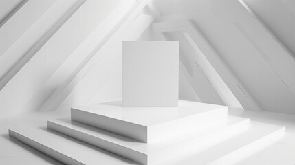 geometrical forms white background. White elements design copy space with empty illuminated room template table stage podium. White color product background placement