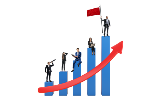 Businesspeople on blue bar chart with red upward arrow, symbolizing growth and success, on white background. Concept of teamwork and progress