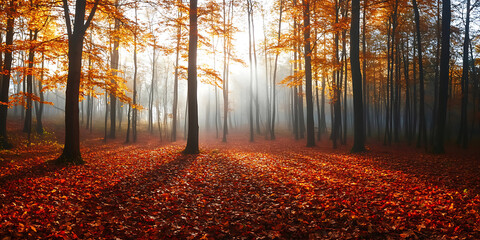 Obraz premium Autumn Forest with Golden and Red Leaves Covering the Ground for Seasonal Landscapes, Nature Beauty, or Scenic Walks