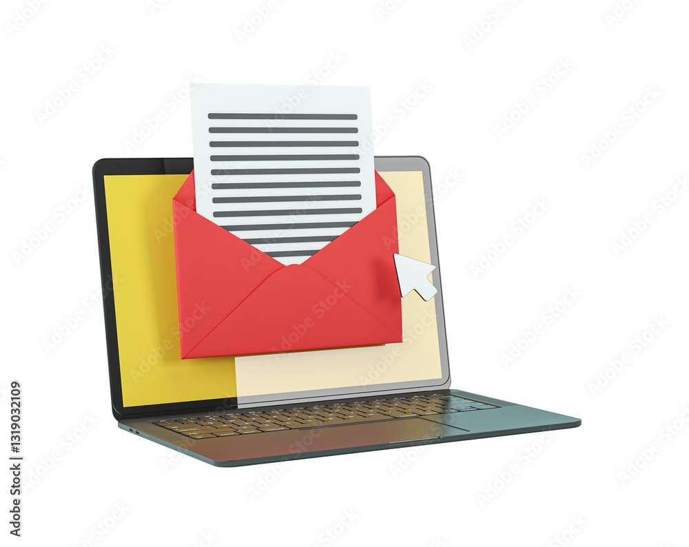 Fototapete 3D Rendering of an email symbol with a red envelope and letter emerging from a laptop screen, representing digital communication and online messaging