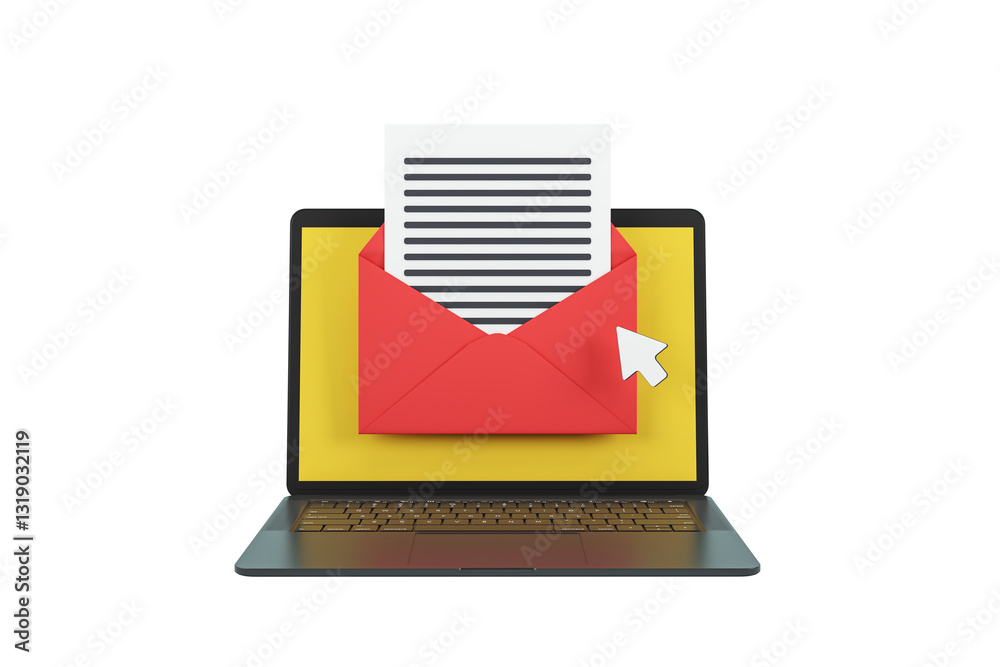 Fototapete Laptop with email envelope and document on screen, isolated on white background. 3D Rendering