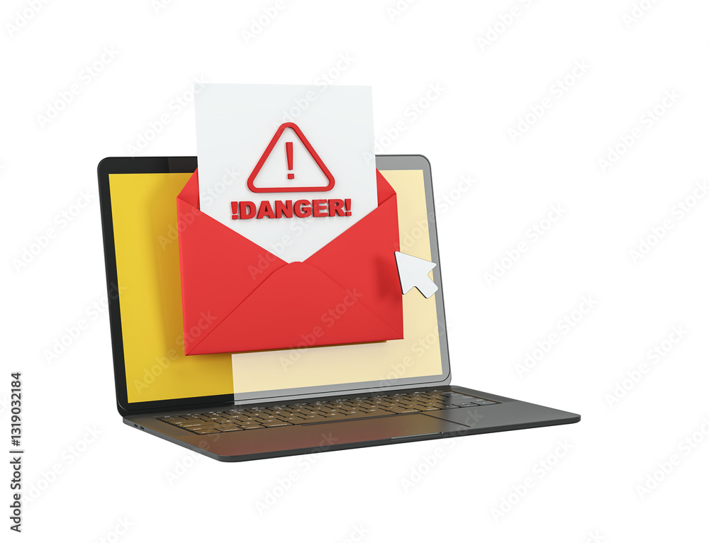 Aufkleber laptop with red envelope and danger sign on screen, symbolizing email phishing and cyber threats. is