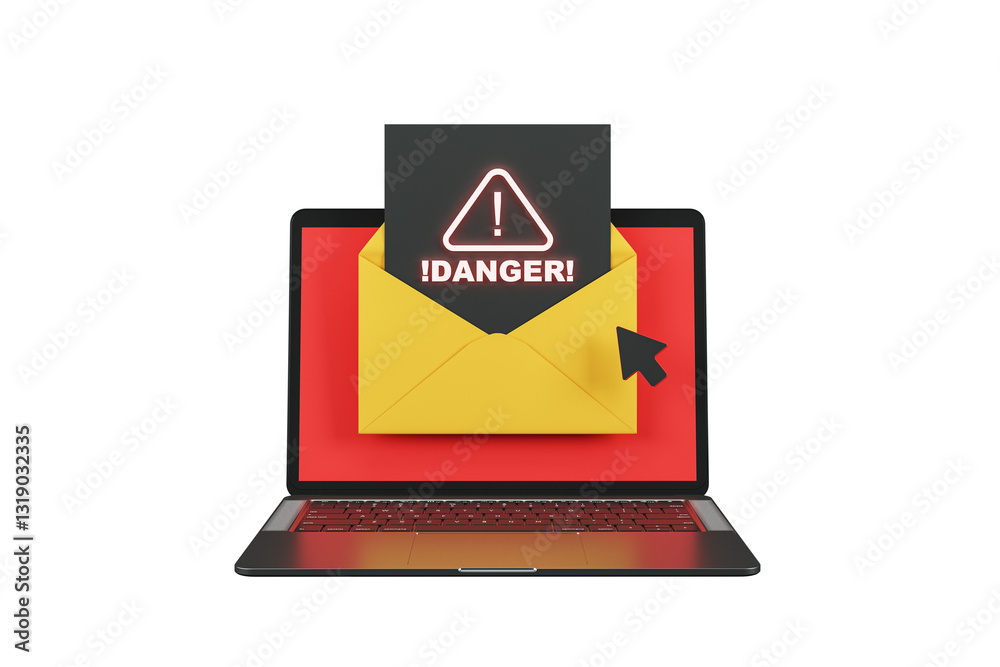 Poster Laptop with red screen displaying a yellow envelope containing a danger alert. Black phishing warning message pops out. Isolated on white background. 3D Rendering.