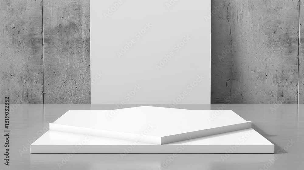 Poster geometrical forms white background. White elements design copy space with empty illuminated room template table stage podium. White color product background placement