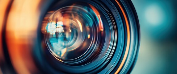 Detailed view through DSLR camera lens with shallow depth of field, abstract circles and light reflections for tech blog headers or optical equipment manuals. Clean layout with empty right side area f