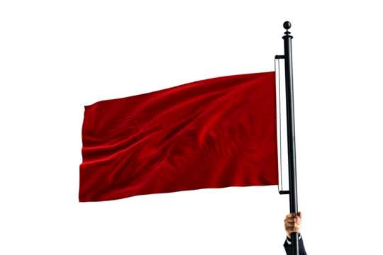 Red flag waving on a black pole held by a person’s hand, isolated on a white background. Symbol of warning, danger, or revolution